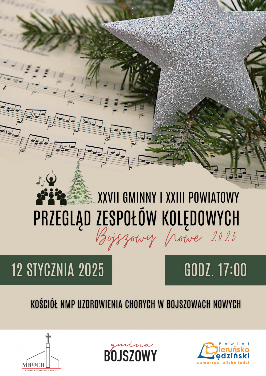 plakat informacyjny z nutami oraz sremrną wiazdą na zielonej gałązce 